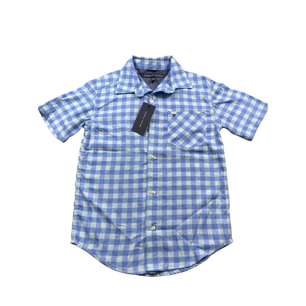 Tommy Hilfiger Boys Button Down Shirt Size 8 10 Blue Gingham Check NWT Short
